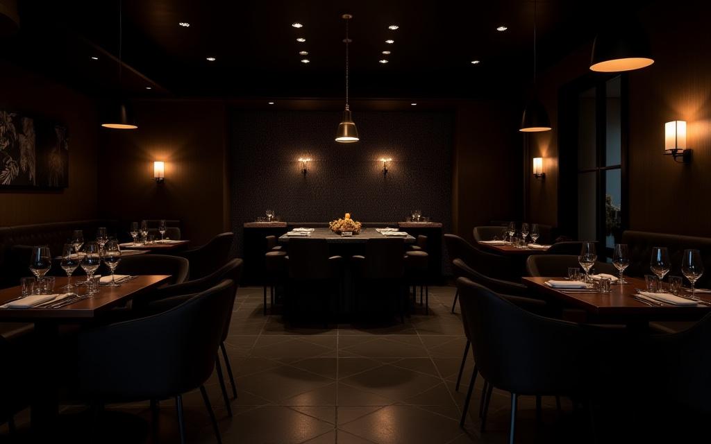 Interno di un ristorante elegante con pareti decorate e illuminazione calda